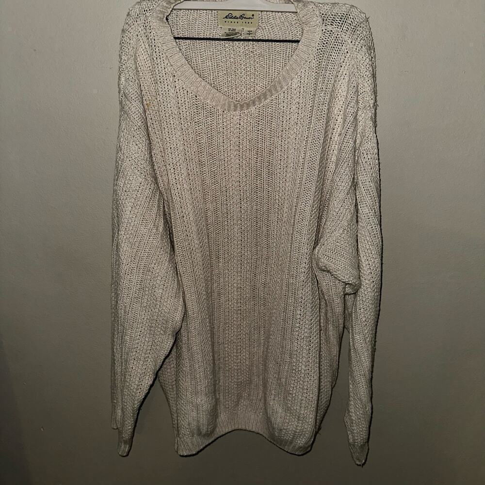 Vintage Eddie Bauer Sweater Henley Chunky Knit Oatmeal Large USA Made - Picture 2 of 4